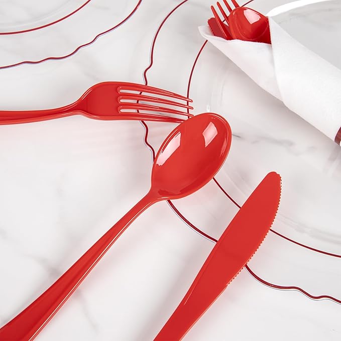 Liacere 400PCS Pre Rolled Red Silverware and Napkin - Disposable Red Plastic Utensils-Wrapped Plastic Cutlery Set with Napkin:100Forks,100Knives,100Spoons,100Napkins for Wedding＆Valentine's Day