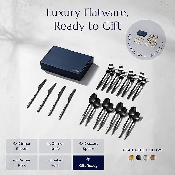 JazzUpCo Tia Flatware non toxic 18/10 stainless steel dishwasher safe (Matte Black, 8 Person Set (40 Pieces))