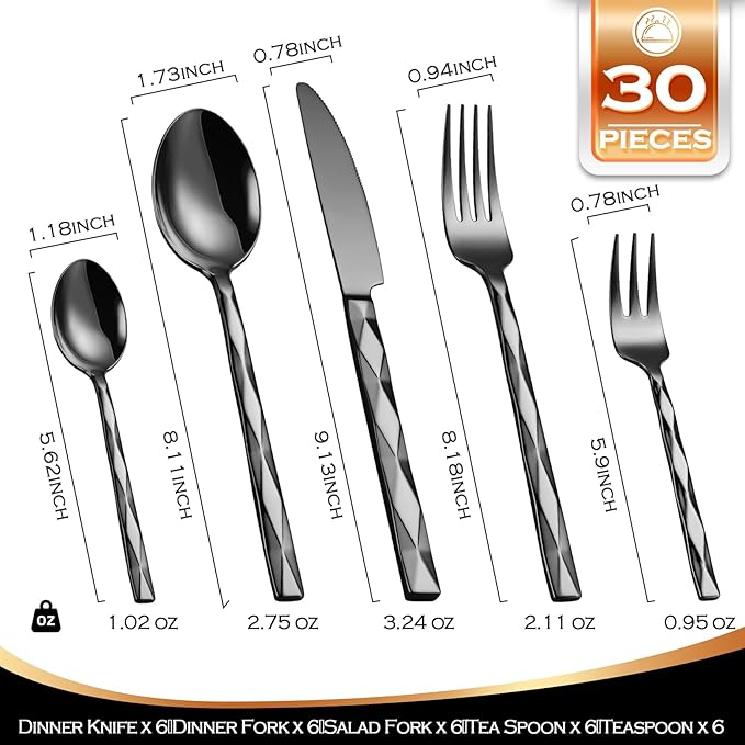 Black Silverware Set, Luxury 30-Piece Flatware Set for 6, Cutlery Set Stainless Steel, Diamond Cut Pattern, Home, Wedding & Party, 18/10 Stainless Steel Tablewaret & Dishwasher Safe Utensils.