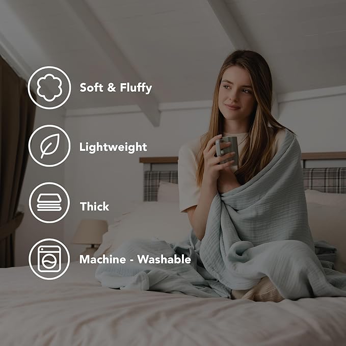 Goqan Throw Blanket 55x60 – 100% Turkish Cotton 4 Layer Boho Muslin Blanket for Adults, Four Season Blanket Lightweight and Thin, Soft, Breathable for Bed, Couch, Picnic - Aqua Green