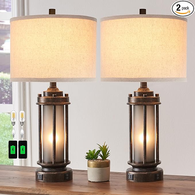 Set of 2 Farmhouse Lamps for Living Room, Rustic Vintage Bedroom Nightstand Table Lamp with 2 USB Charging Ports, Built-In Frosted Glass Night Light for End Table Entryway, 4 Bulbs Included (Bronze)