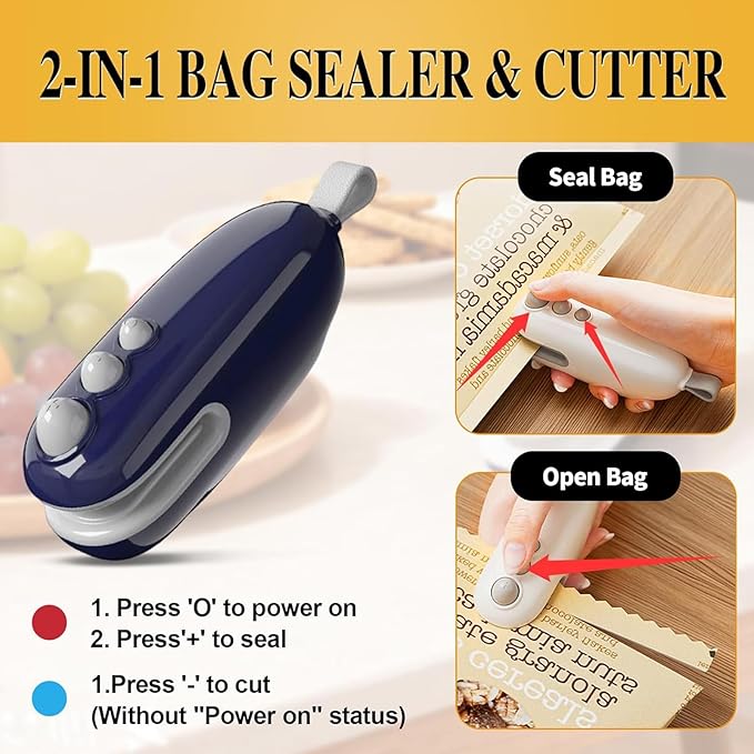 2Pcs Mini Bag Sealer 2 in 1Heat Sealer with Cutter and Magnet Portable handheld Rechargeable Food Bag Sealer Plastic Bag Sealing Machine for Snacks, Chips& Food Storage (white+blue)
