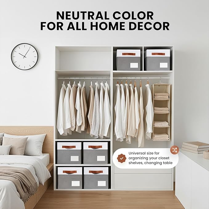 Criusia Large Closet Storage Baskets for organizing 4 Pack, Non-Dust-Absorbing Closet Shelf Organizer Bins with Handles & Labels - Decorative Collapsible Baskets for Living Room Bedroom Nursery Dorm