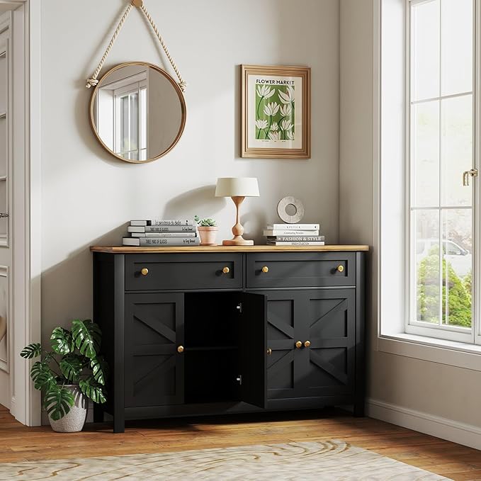 Farmhouse Kitchen Cabinet with Drawers, Rustic Sideboard Buffet Cabinet with Shelves and 4 Doors, Coffee Bar Cabinet, Storage Cabinet for Entryway Living Room Kitchen,Black
