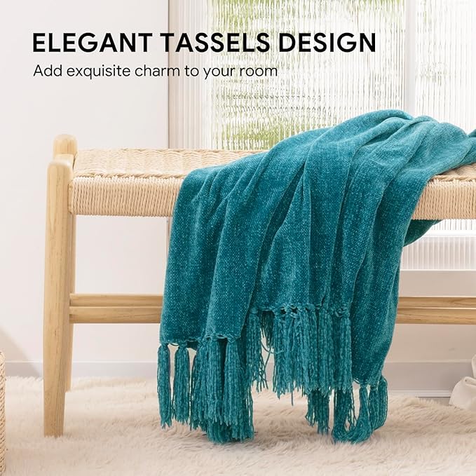 RECYCO Throw Blanket Soft Cozy Chenille Throw Blanket with Fringe Tassel for Couch Sofa Chair Bed Living Room (Teal, 60'' x 80'')