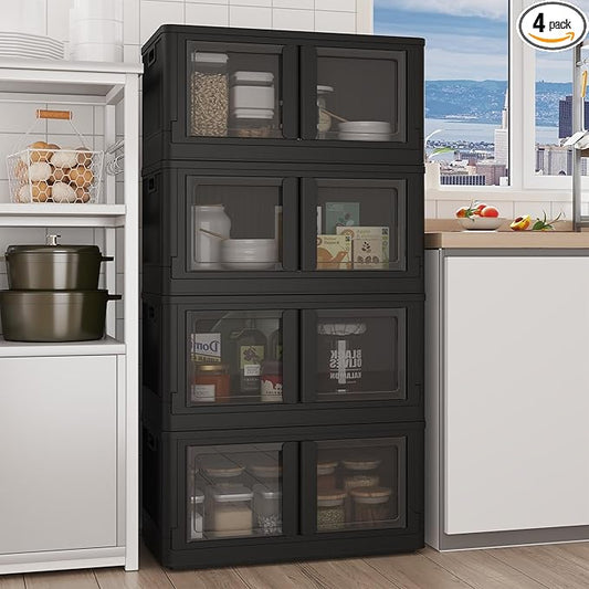 FLEXIMOUNTS 304 QT Stackable Storage Bins With Lids, Collapsible Plastic Storage Bins, Closet Organizers and Storage Containers with Doors and Built-in Wheels For Home, 4 Pack Cubes, Black