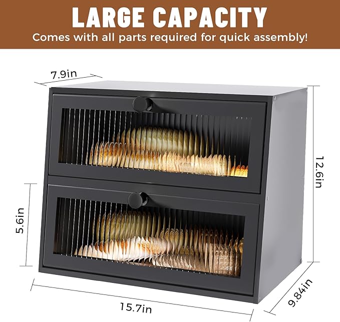 Bread Box for Kitchen Countertop,Extra Large 2 Layer Breadbox Wooden Farmhouse Bread Storage Container Bread Bin Bread Holder Food Organizer Pantry Shelf Acrylic Window(Black)