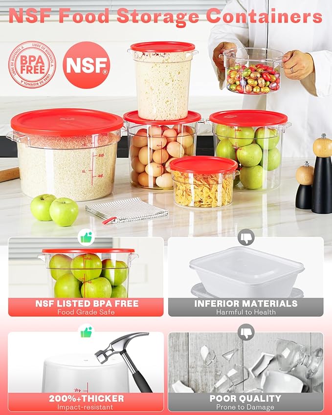 12QT NSF Round Food Storage Containers with Lids: 4 PCS [Total Food Grade][Hot&Cold Resistant] Dough Proofing Container for Pizza, Bread with Measuring Spoons Included(BPA FREE) (RED)