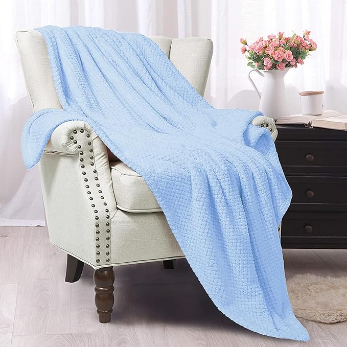 Exclusivo Mezcla Fleece Throw Blanket Extra Large, Super Soft and Warm Blankets for Couch, Sofa and Bed Waffle Textured, Cozy, Fuzzy and Lightweight (Light Blue, 50x70 Inches)