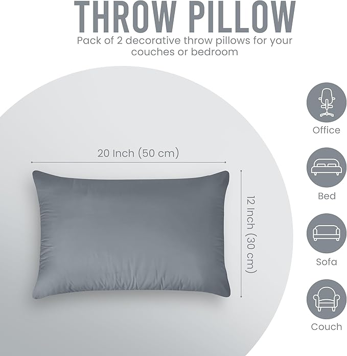 Utopia Bedding 12x20 Pillow Inserts, Set of 2, Grey – Indoor Decorative Throw Pillows for Bed, Sofa & Couch – Soft, Supportive & Fluffy Cushion Inserts