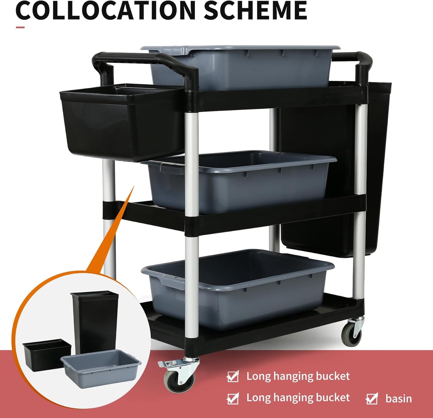 3-Tier Utility Rolling Cart with Wheels, Durable Catering carts with Wheels, Rolling Storage Cart for Hotel Canteen Resturant Office (Black, 34.4" D x 16.5" W x 37.7" H)