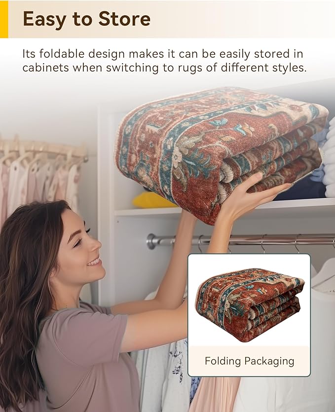 RELEANY Area Rugs Round 6ft Washable Non-Slip, Floral Vintage Distress Print Pattern Medallion Carpet for Living Room Bedroom Dining Room, Red Orange Blue Brown