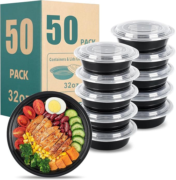 32oz Disposable meal prep containers with lids, 50 Pack (100-Piece) Black Round,Reusable take out food containers,BPA-Free,Stackable Bento Box,Lunch containers microwave Dishwasher safe