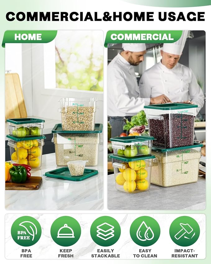 4QT NSF Food Storage Containers: 2 PCS [Food Grade][Hot&Cold Resistant] Commercial Clear Square Food Storage Containers with Scales Handles for Home Restaurant Kitchen Proof Dough(BPA FREE-GREEN)