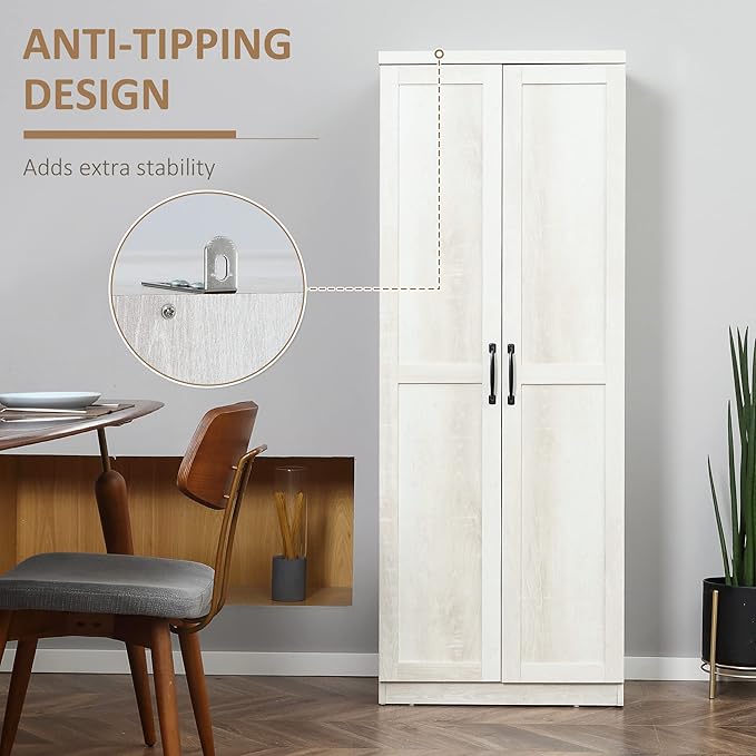 HOMCOM 63" 2-Door Kitchen Pantry, Freestanding Storage Cabinet with 5-Tier Shelving and 2 Adjustable Shelves for Dining Room, Antique White