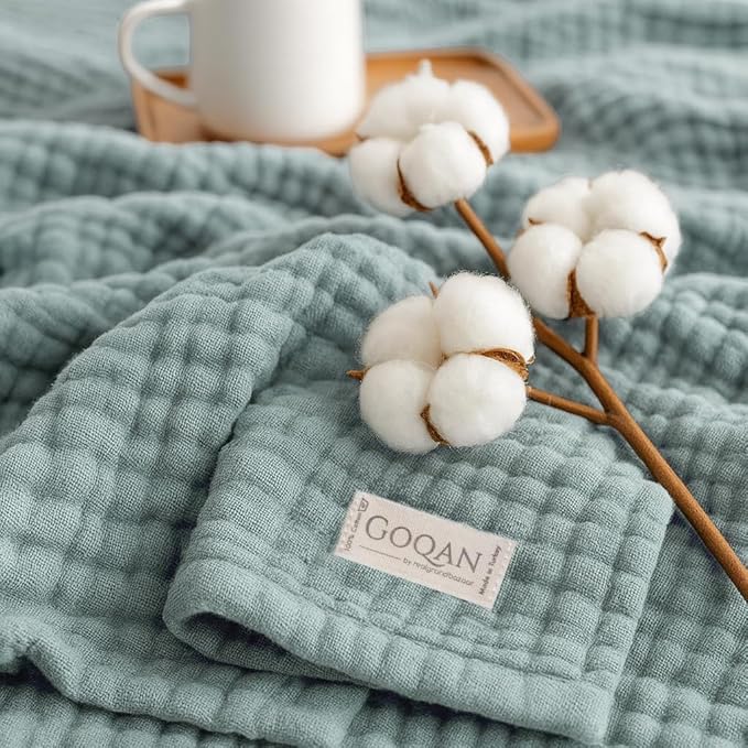 Goqan Muslin Blanket for Adults 79x90 Queen, 4 Layer Soft Lightweight and Thin%100 Turkish Cotton Muslin Blanket, Breathable for Bed, Couch - Aqua Green