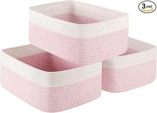 OIASKET Storage Baskets for Organizing 3 Pack, Woven Baskets for Shelves, Closet Organizer Bins Empty Gift Basket Toy Storage for Toys, Books, Towels, Clothes, 15"x11.42"x6.7", Pink