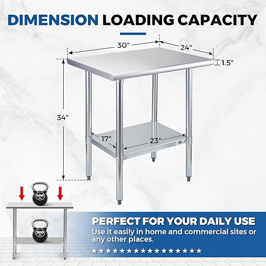 Profeeshaw Stainless Steel Prep Table 30x24 Inch NSF Commercial Work Table with Undershelf Heavy Duty Table for Kitchen Restaurant Home Hotel