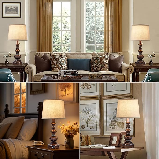 Drawealth Vintage Bedside Table Lamps Set of 2 for Bedroom Nightstand Lamps with USB Charging Ports Rustic Farmhouse Small Table Lamp for Living Room End Tables Brown Wooden Finish, Pull Chain