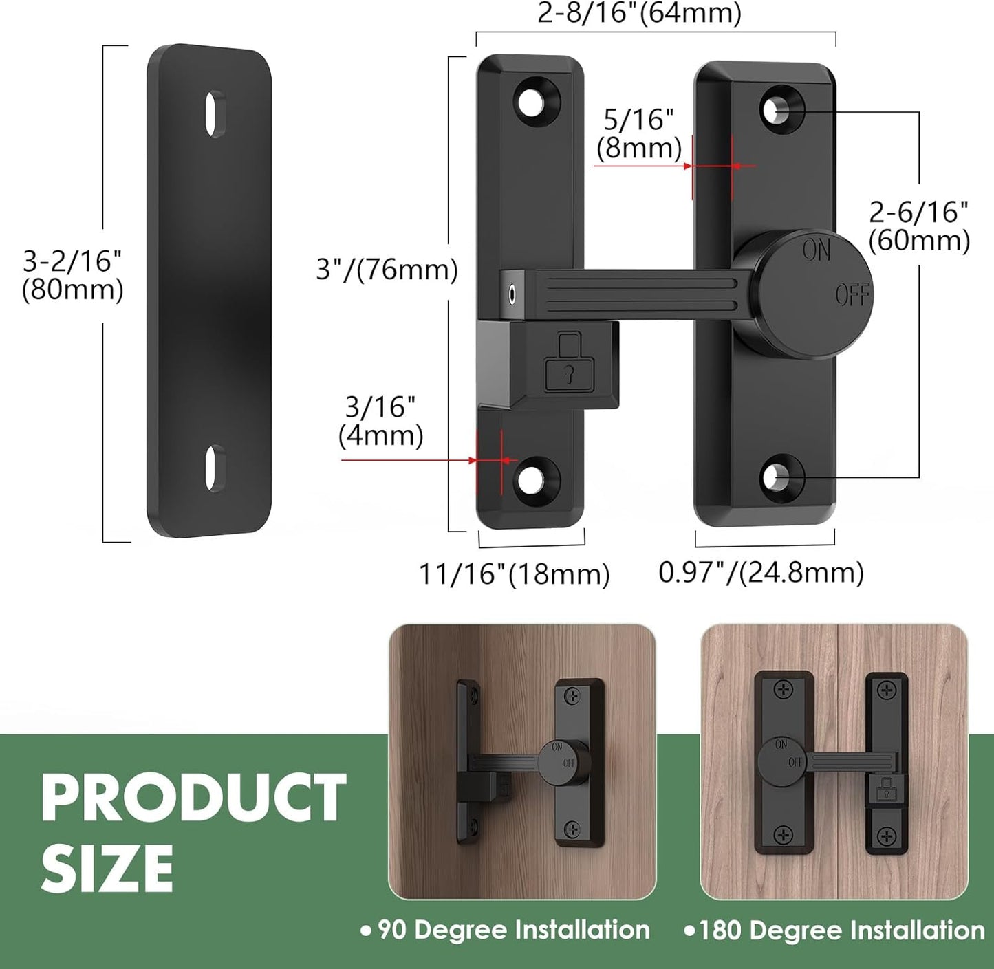 Barn Door Lock Latch, 90/180 Degree Flip Sliding Door Latch for Garage, Bedroom, Cabinet, Sturdy Zinc Alloy Security 90 Degree Lock (Black-1 Pc)