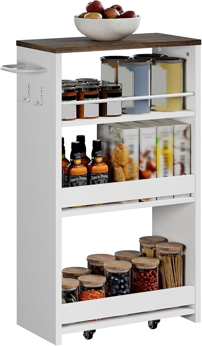 ChooChoo 4-Tier Slim Storage Cart with Handle, 7.87" W Rolling Utility Cart on Universal Wheels, Kitchen Cart Mobile Shelving Organization for Laundry Room, Bathroom & Narrow Places (Walnut & White)