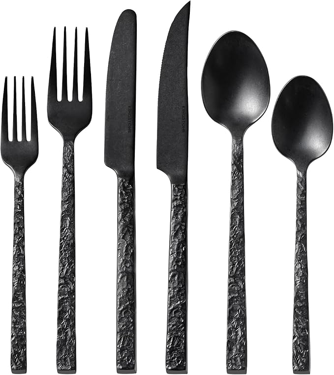 KINGSTONE 48 Pcs Black Hammered Silverware Set with Steak Knives for 8, 18/10 Stainless Steel Heavy Duty Flatware Set, Tableware Cutlery Utensil Sets for Home Restaurant Dishwasher Safe