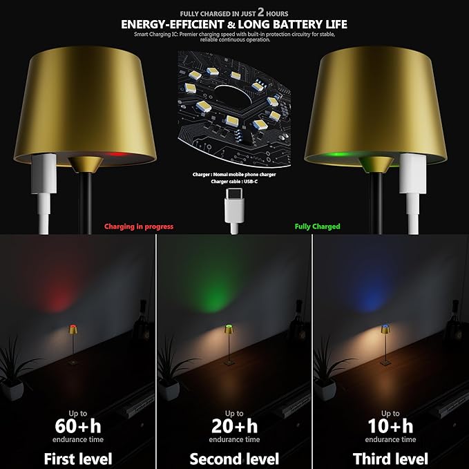 Timjorman Compact Cordless Table Lamp, Rechargeable LED Night Light, Dual Light Source (RGB Top & Warm Bottom), Touch Control & Timer, Metal Lamp for Bedroom & Kids Room (Antique Brass & Black)