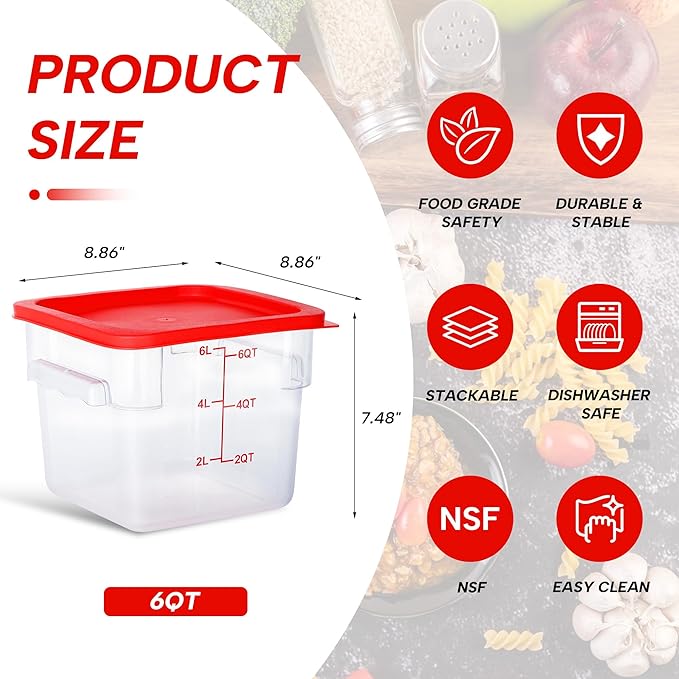 4 Pack Food Storage Containers, 6 Quart with Lids, Square Commercial Containers with Scale, Clear NSF Food Organizing, Polycarbonate