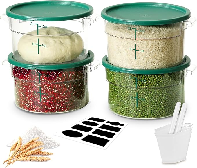 2QT NSF Round Food Storage Containers with Lids: 4 PCS [Total Food Grade][Hot&Cold Resistant] Dough Proofing Container for Pizza, Bread with Measuring Spoons Included(BPA FREE) (GREEN)