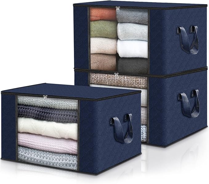 Fab totes Storage Bags,Clothes Blanket Storage Bins Foldable Closet Organizers with Reinforced Handle for Home Dorm Storage and Organization,Fabric Bags for Organizing Sheets,Clothing (Blue,3 Pack)