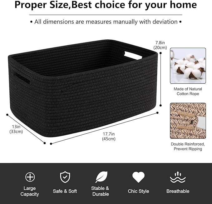 OIASKET Large Storage Basket for Organizing, Woven Rope Basket for Shelves, Closet Organizer Bins for Clothes, Blanket, Toys, Baby Nursery Storage, 17.7" x 13" x 7.87", 2 Packs Black