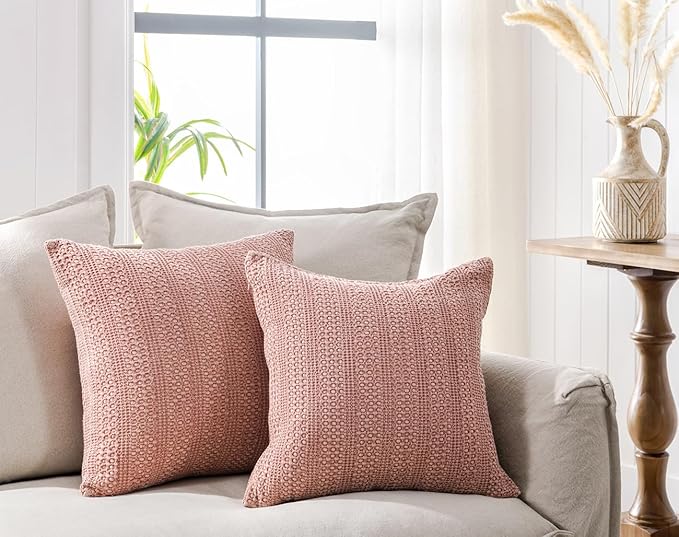 COCOPLOCEUS 1pc 26x26 Pillow Cover Boho Euro Sham Decorative Throw Pillow Covers Cotton Large Square Pillowcase for Couch Bed, Coral Pink