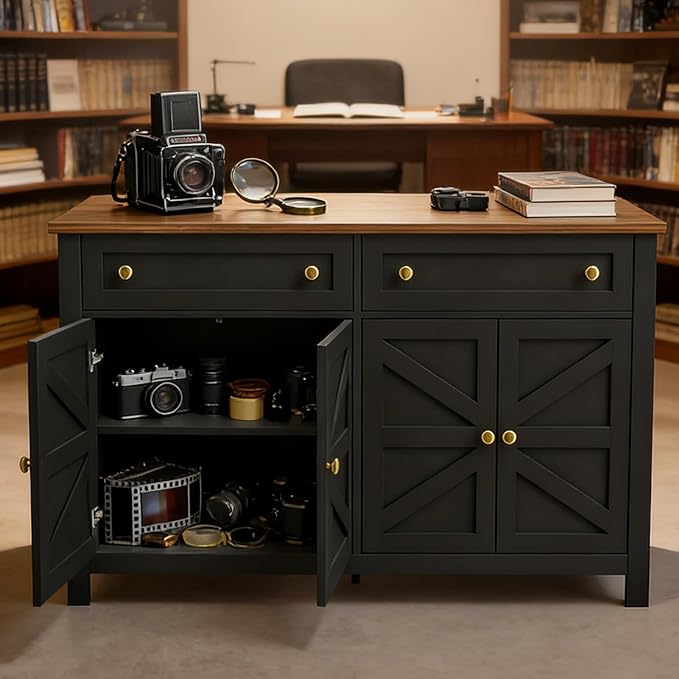 Farmhouse Kitchen Cabinet with Drawers, Rustic Sideboard Buffet Cabinet with Shelves and 4 Doors, Coffee Bar Cabinet, Storage Cabinet for Entryway Living Room Kitchen,Black