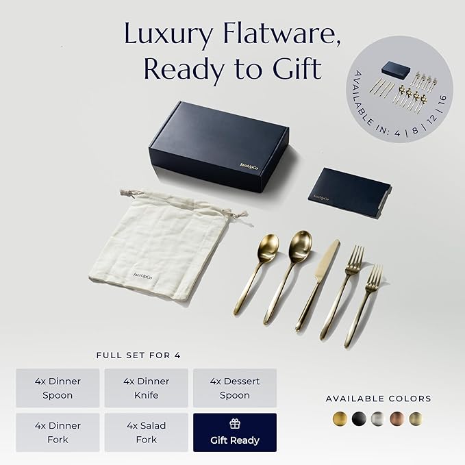 JazzUpCo Ava Flatware Flatware non toxic 18/10 stainless steel dishwasher safe (Matte Champagne Gold, 4 Person Set (20 Pieces))