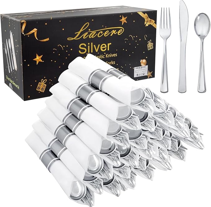 Liacere 100 Pack Silver Plastic Silverware-Pre Wrapped cutlery and Napkin-Pre Rolled Silverware Disposable 100 Forks, 100 Knives 100 Spoons, 100 Napkins Plastic Utensils＆Christmas＆New Year