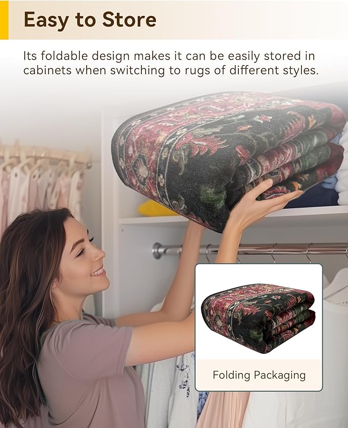 RELEANY Area Rugs Round 6ft Washable Non-Slip, Floral Vintage Distress Print Pattern Medallion Carpet for Living Room Bedroom Dining Room, Red Black