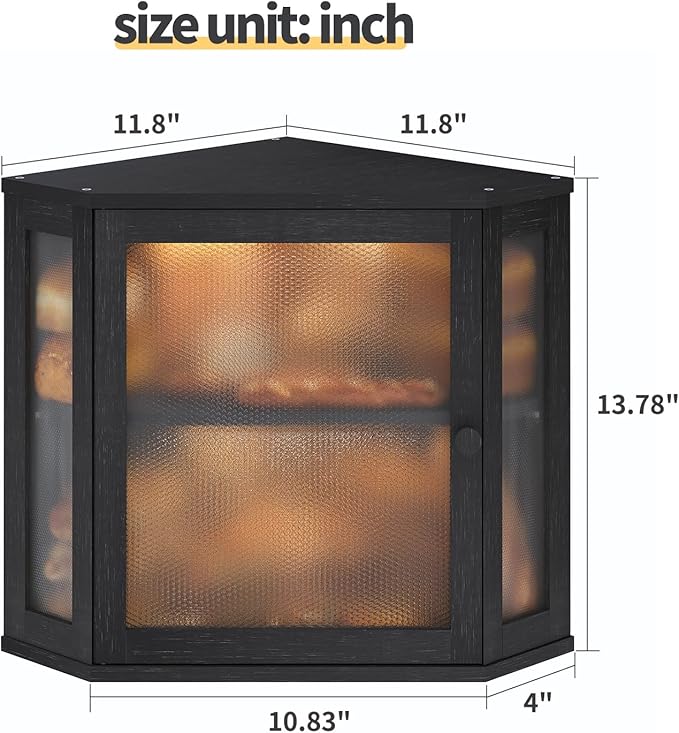 Corner Bread Box for Kitchen Countertop,Bread Storage for Homemade Bread, Double Layer Large Bamboo Kitchen Storage Bin with Window (Black, Medium)