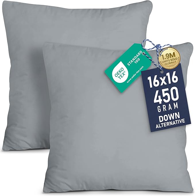 Utopia Bedding 16x16 Pillow Inserts, Set of 2, Grey – Indoor Decorative Throw Pillows for Bed, Sofa & Couch – Soft, Supportive & Fluffy Cushion Inserts
