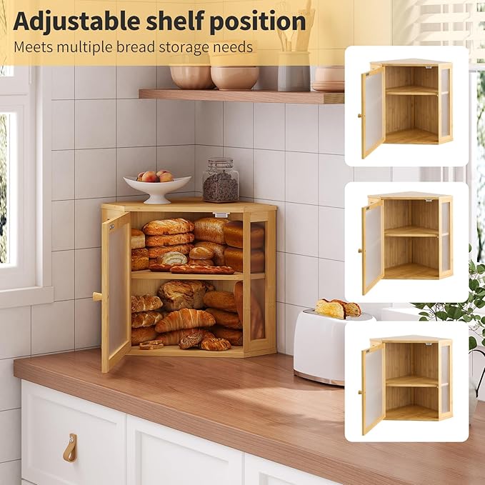 Corner Bread Box for Kitchen Countertop,Bread Storage for Homemade Bread, Double Layer Large Bamboo Kitchen Storage Bin with Window (Natural, Medium)