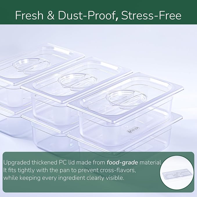 6 Pack food Pans with Lids 1/3 Size, Commercial Food-grade material, Impact-resistant and shockproof, For Salad Bars, Hot Deli Items & Dessert Toppings, Prep Table & Refrigerator Friendly