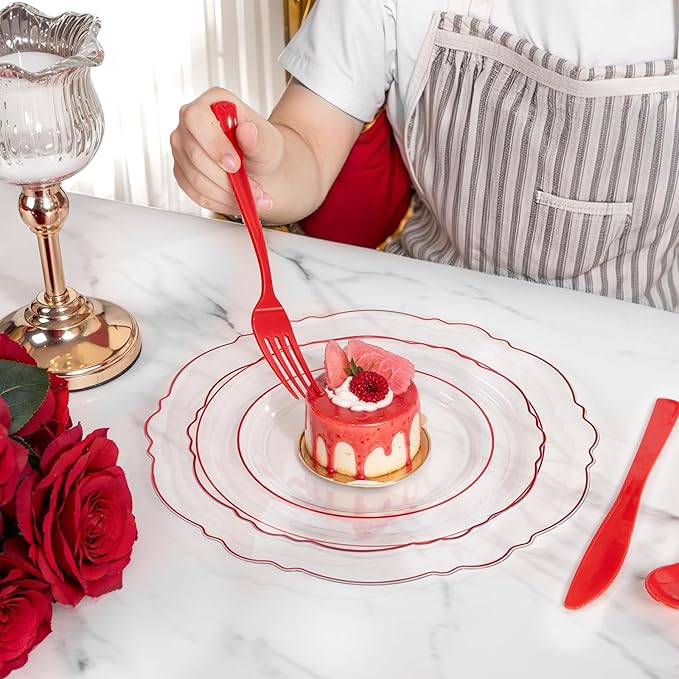 Liacere 400PCS Pre Rolled Red Silverware and Napkin - Disposable Red Plastic Utensils-Wrapped Plastic Cutlery Set with Napkin:100Forks,100Knives,100Spoons,100Napkins for Wedding＆Valentine's Day