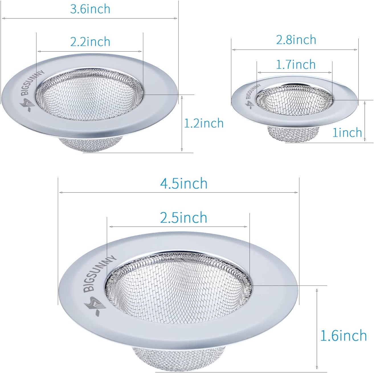 Mesh Sink Strainer Set of 3, MSY BIGSUNNY Stainless Steel Kitchen Sink Strainer Kitchen Drain Strainer with Large Wide Rim(4.5"+3.6"+2.8" Diameter) for Kitchen Sinks