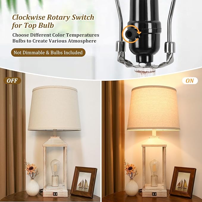 28" Farmhouse Table Lamps for Living Room Set of 2, 3-Way Dimmable Bedside Lamp with USB Ports, White Rustic Touch Control Nightstand Lamps for Bedroom, Modern Desk Lamp for Office, 4 Bulbs Included