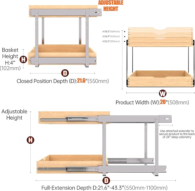 2-Tier Wood Cabinet Pull Out Shelves (20" W x 22" D), Wooden Slide Out Drawers for Kitchen Cabinets, Heavy-Duty 22 Inch Deep Sliding Cabinet Organizer