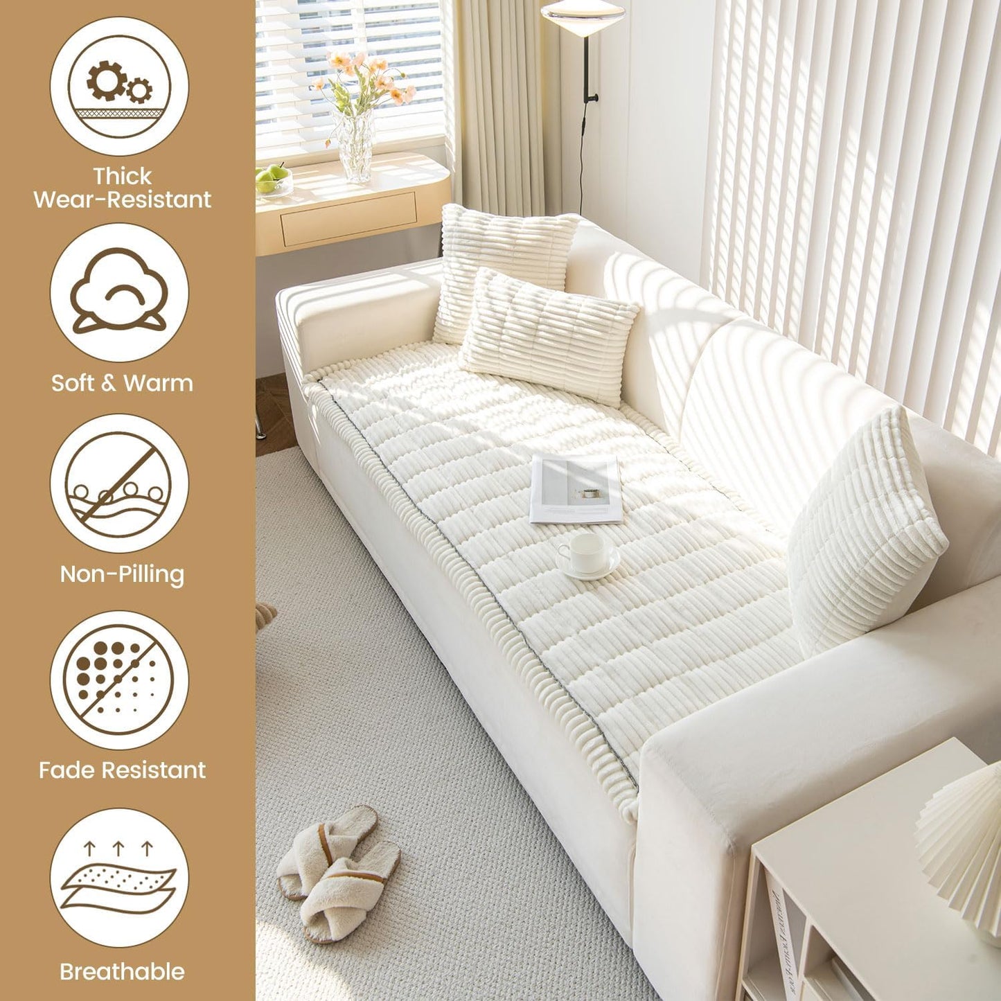 OTOB Couch Cover for Dogs Washable, Non Slip Plush Sofa Covers for 3 Cushion Couch, Fuzzy Pet Friendly Mat Bed Furniture Protector Sofa Slipcover, All Seasons (Cream, 27.6" x 70.9")