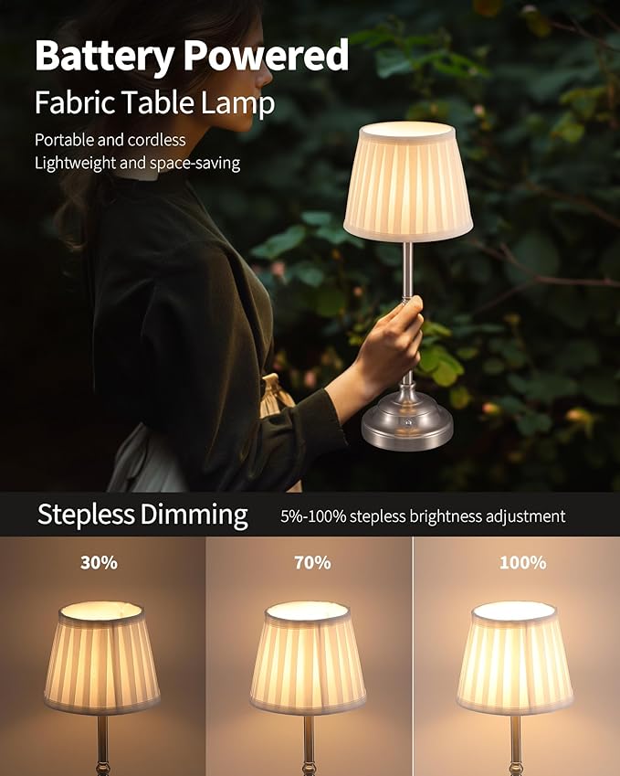 KDG Cordless LED Table Lamp Set of 2, Portables Fabric Shade Desk Lamps, 4000mAh Rechargeable Battery Powered Lighting, Dimmable Light for Dining Room, Bedroom, Bedside, Night Light, Balcony (Nickel)