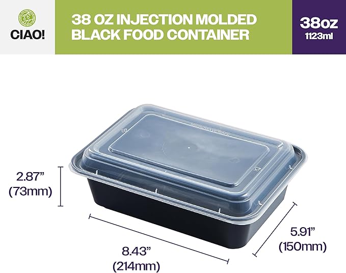 CIAO! Heavy Weight 38oz Injection Molded Microwavable Black Rectangular Food Container with Lid (150/case)