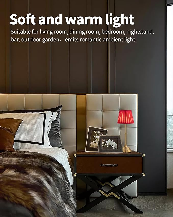 KDG Cordless LED Table Lamp Set of 2, Portables Fabric Shade Desk Lamps, 4000mAh Rechargeable Battery Powered Lighting, Dimmable Light for Dining Room, Bedroom, Bedside, Night Light, Balcony (Red)