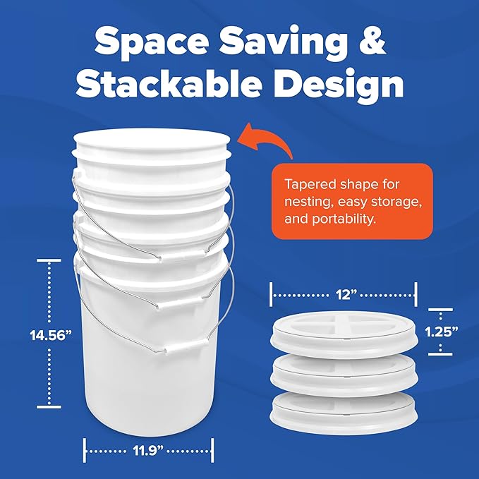 ePackageSupply 5 Gallon White Bucket with Gamma Seal Screw on Airtight Lid | Made in USA | Food Grade | Heavy-Duty | Durable 90 Mil All Purpose Pail | Easy Stack and Store | BPA Free (6 Count), White