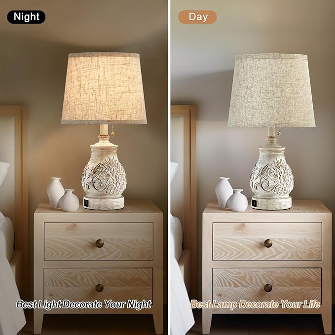 19.5'' Farmhouse Table Lamps for Bedrooms Set of 2 Vintage Bedside Lamps for Nightstand with USB Charging Ports Traditional Rusic Side Table Lamps for Living Room Wooden Carved Floral, Pull Chain